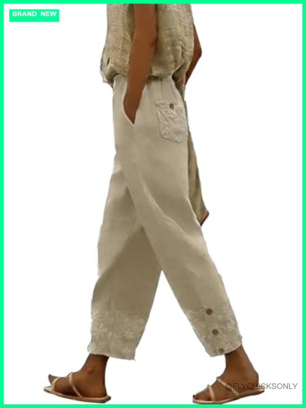 Linen Wide Leg High Waist Pull On Pants with Pockets Lace Hem